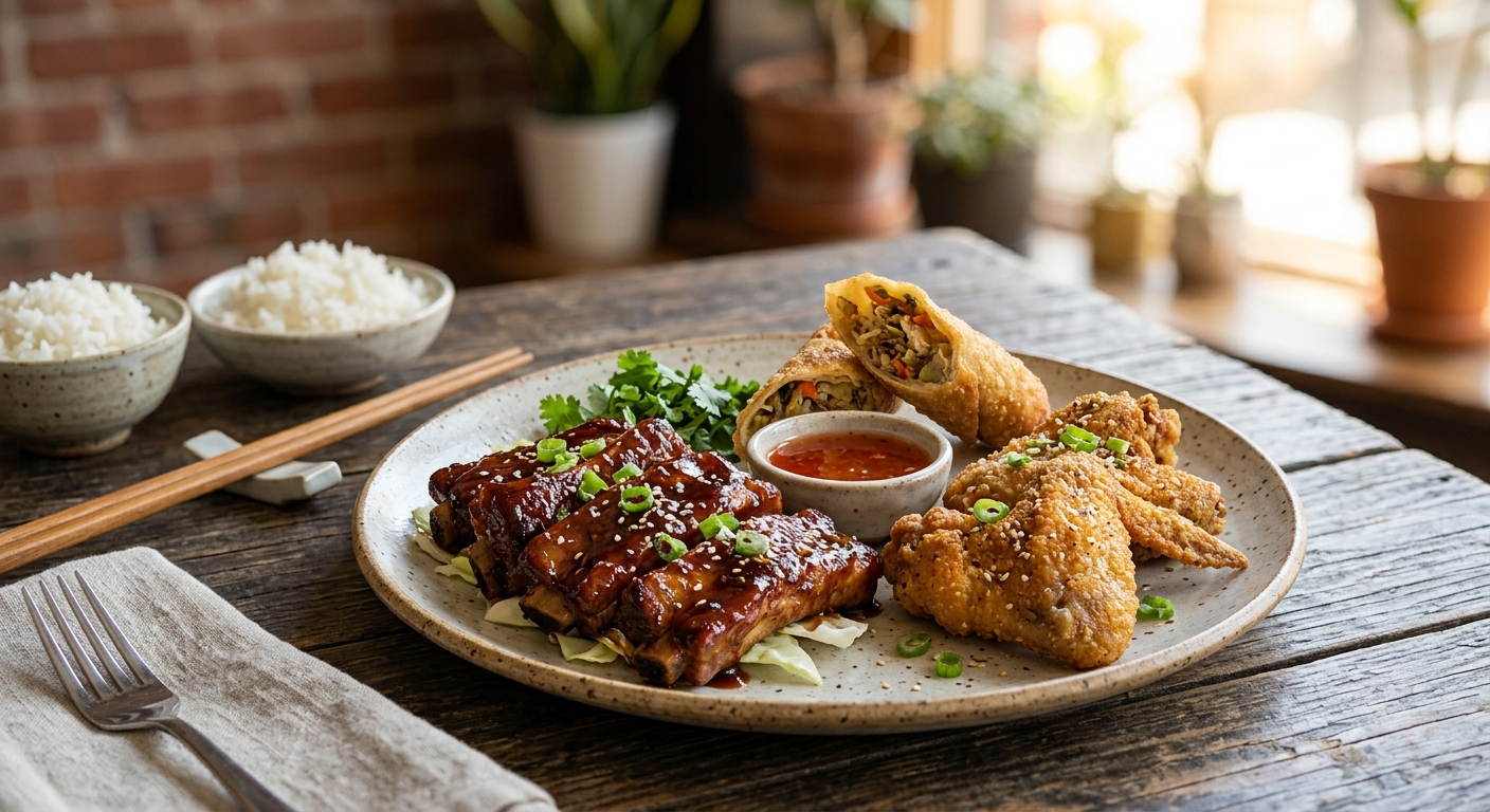 Boneless Spare Ribs (7), Egg Roll (2), Chicken Wings (3)