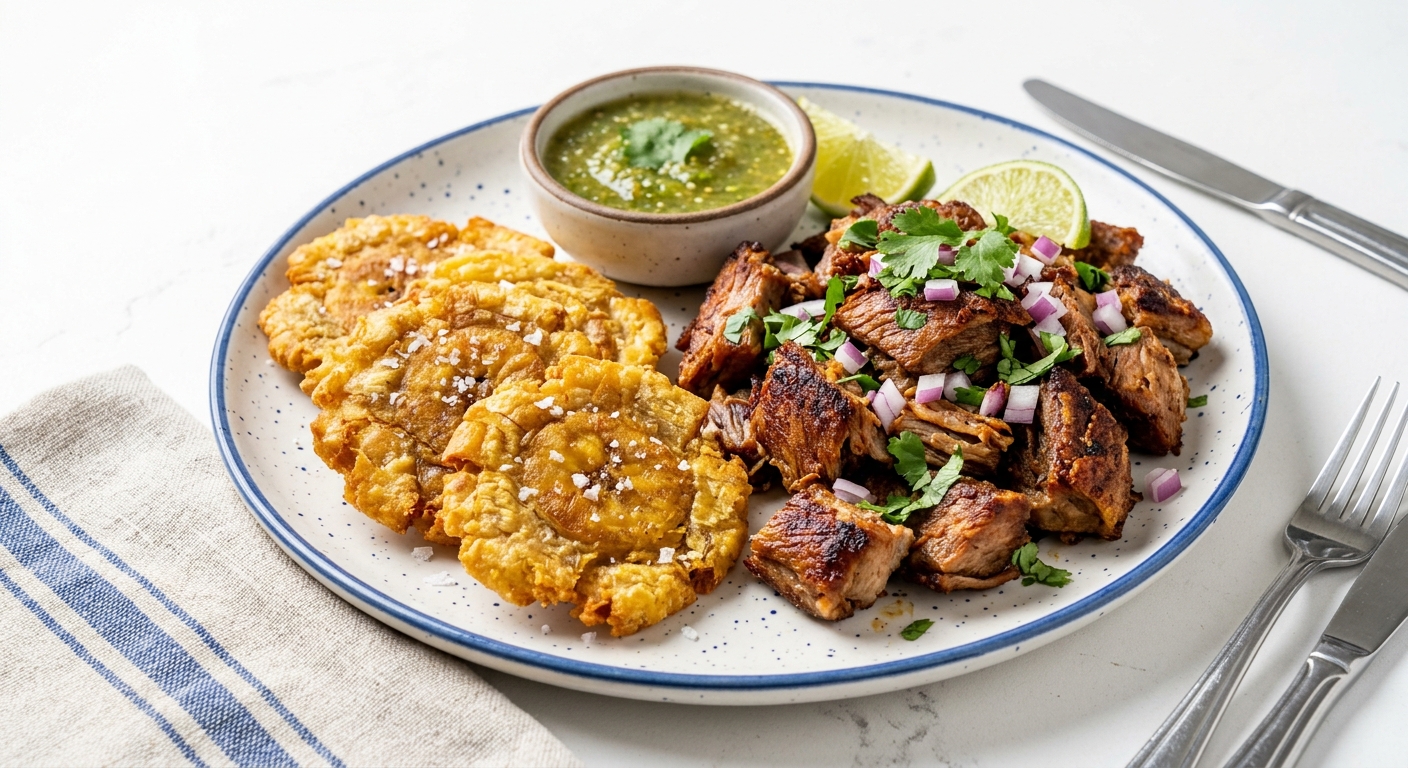 Fried Carnitas (pork) with Tostones (or fries)
