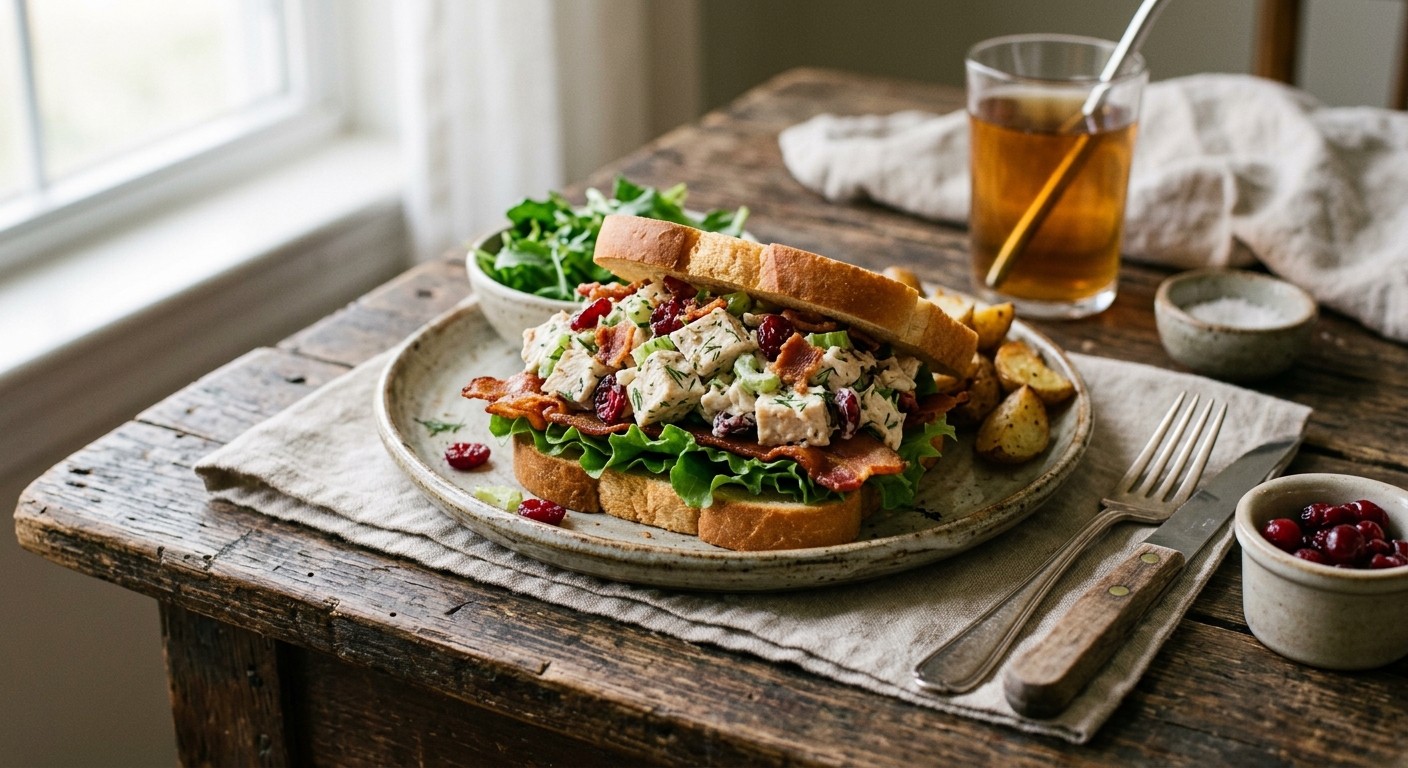 Chicken salad with Cranberries, Bacon, Lettuce, on white toast