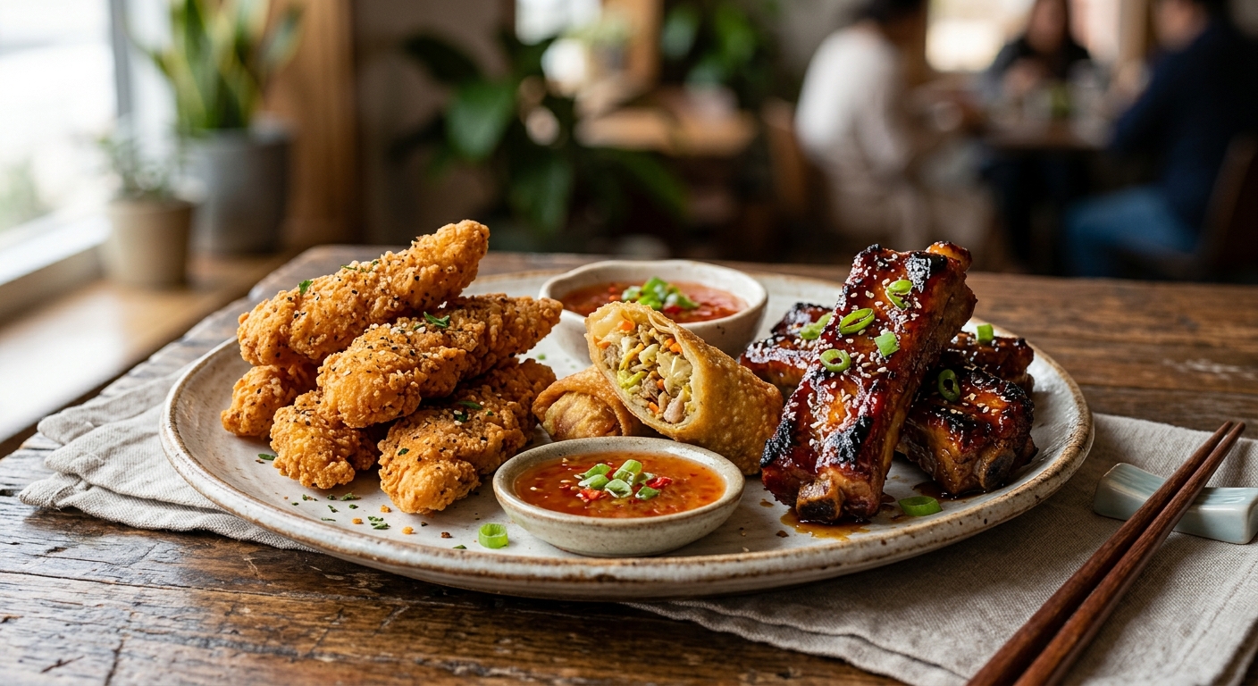 Chicken Fingers (7), Egg Roll (2), Boneless Spare Ribs (3)