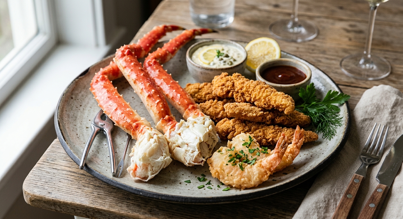 King Crab (3), Fried Shrimp (2), Chicken Fingers (8)