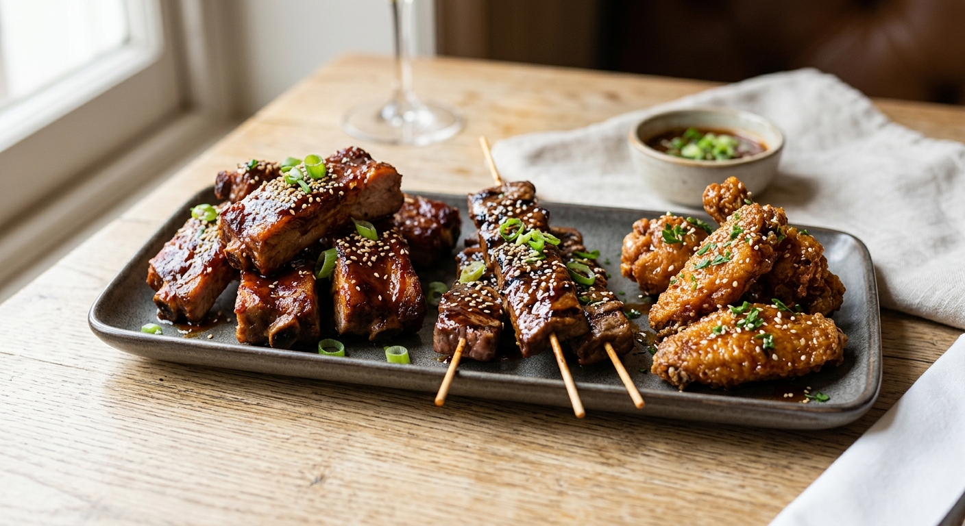 Boneless Spare Ribs (7), Teriyaki Beef (3), Chicken Wings (3)