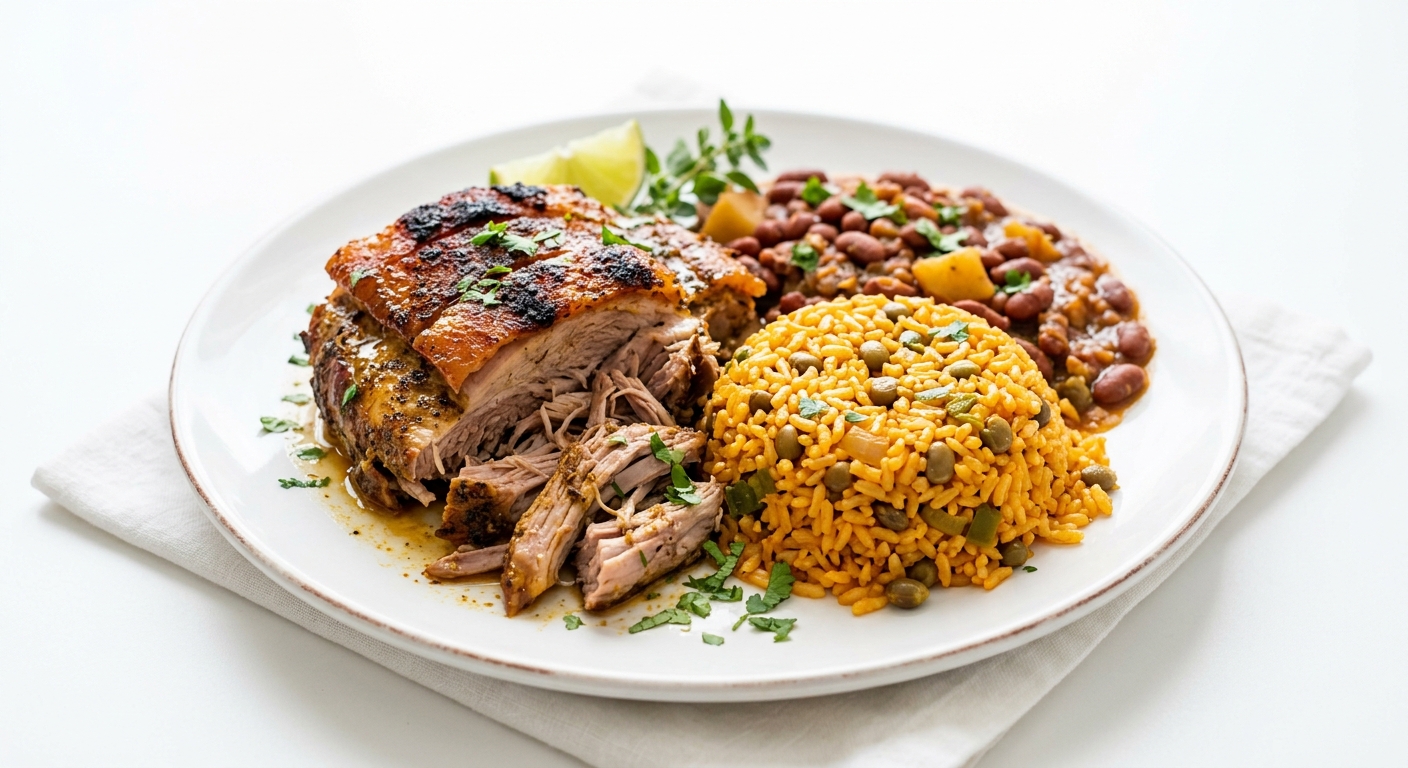 Pernil with Spanish rice & beans