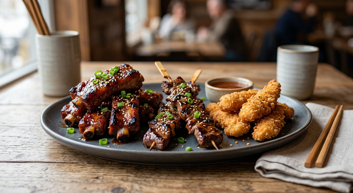 Boneless Spare Ribs (7), Teriyaki Beef (3), Chicken Fingers (7)