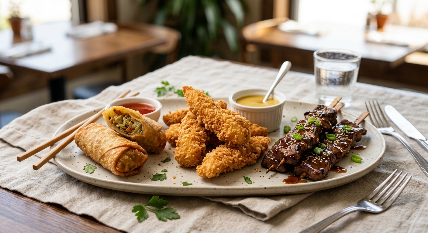 Chicken Fingers (7), Teriyaki Beef (3), Egg Roll (2)